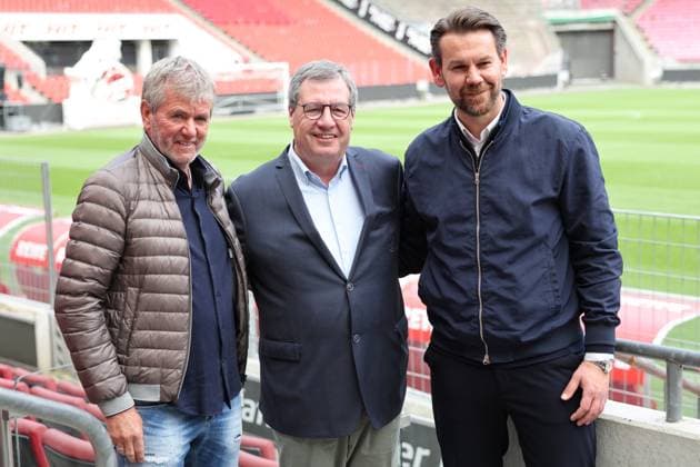 GER, 2 FBL, PK 1 FC Koeln, short-term coach presentation 05 05 2025, Rheinenergie Stadion, Koeln, GER, 2 FBL, PK 1 FC Koeln, short-term coach presentation , in the picture Dr Werner Wolf president 1 FC Koeln , middle Thomas Kessler temporary managing director 1 FC Koeln , Friedhelm Funkel new head coach until the end of the season, head coach 1 FC Koeln , nordphotoxGmbHx xMeuter nph00351