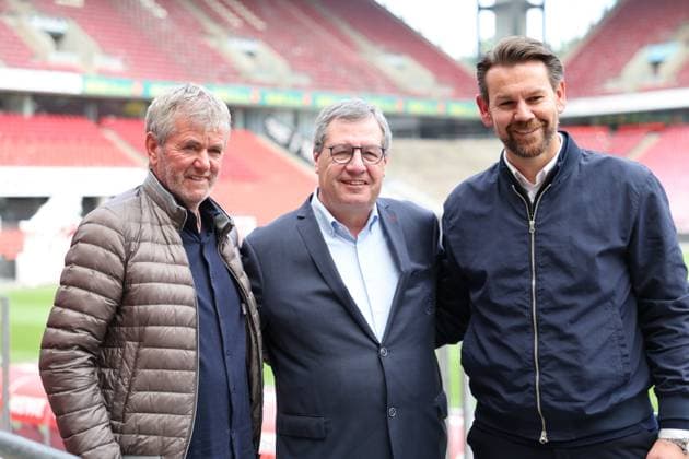 GER, 2 FBL, PK 1 FC Koeln, short-term coach presentation 05 05 2025, Rheinenergie Stadion, Koeln, GER, 2 FBL, PK 1 FC Koeln, short-term coach presentation , in the picture Dr Werner Wolf president 1 FC Koeln , middle Thomas Kessler temporary managing director 1 FC Koeln , Friedhelm Funkel new head coach until the end of the season, head coach 1 FC Koeln , nordphotoxGmbHx xMeuter nph00351