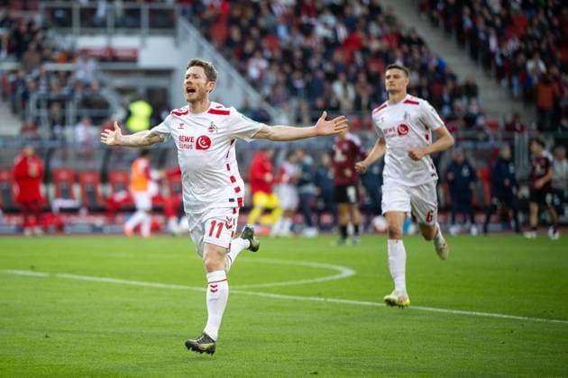 Florian Kainz FC Koeln, 11 , Eric Martel FC Koeln, 06 celebrating the goal for 1 1, GER, 1 FC Nuernberg FCN vs 1 FC Koeln KOE , Soccer 2 Bundesliga, 33 Matchday, Season 2024 2025, 09 05 2025 DFB DFL regulations prohibit any use of photographs as image sequences and or quasi video GER, 1 FC Nuernberg FCN vs 1 FC Koeln KOE , Soccer 2 Bundesliga, 33 Matchday, Season 2024 2025, 09 05 2025 Nuernberg Copyright: xEibner-Pressefoto Memmlerx EP_MMR