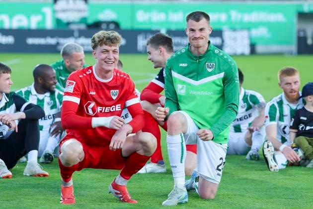 Goalkeeper Johannes Schenk SC Preussen Muenster and goalkeeper Morten Behrens SC Preussen Muenster smile, 2 Bundesliga, Preußen Münster vs Hertha BSC, Preußenstadion on May 09, 2025 in Münster, Germany Photo by Marco Steinbrenner DeFodi Images Goalkeeper Johannes Schenk SC Preussen Muenster and goalkeeper Morten Behrens SC Preussen Muenster smile, 2 Bundesliga, Preußen Münster vs Hertha BSC, Preußenstadion, May 9, 2025 in Münster, Germany Photo by Marco Steinbrenner DeFodi Images DFB DFL REGULATIONS PROHIBIT ANY USE OF PHOTOGRAPHS AS IMAGE SEQUENCES AND OR QUASI VIDEO