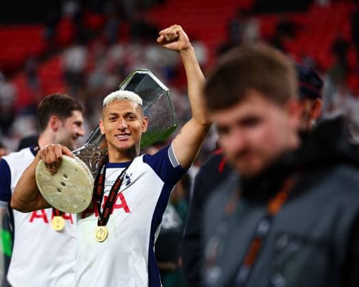Richarlison of Tottenham Hotspur celebrates Tottenham Hotspur v Manchester United, ManU Europa League Final, Football, San Mames Stadium, Bilbao, Spain - 21 May 2025 EDITORIAL USE ONLY No use with unauthorised audio, video, data, fixture lists, club league logos or live services. Online in-match use limited to 120 images, no video emulation. No use in betting, games or single club league player publications. Copyright: xJamesxMarsh Shutterstockx 15312890fm
