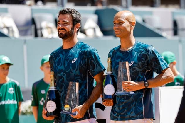 The winners, Winners, Fabien Reboul FRA and Sadio Doumbia FRA , Switzerland, Tennis, Gonet Geneva Open ATP 250 , Final Doubles,2025, Ariel Behar URU Joran Vliegen BEL vs Sadio Doumbia FRA Fabien Reboul FRA , 24 05 2025, Parc des Eaux Vives, Geneva, Switzerland Geneva Parc des Eaux Vives Geneva Switzerland Copyright: xGrantxHubbsx