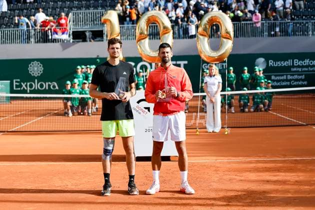 Hubert Hurkacz POL and Novak Djokovic SRB at the award ceremony , Switzerland, Tennis, Gonet Geneva Open ATP 250 , Final Doubles,2025, Ariel Behar URU Joran Vliegen BEL vs Sadio Doumbia FRA Fabien Reboul FRA , 24 05 2025, Parc des Eaux Vives, Geneva, Switzerland Geneva Parc des Eaux Vives Geneva Switzerland Copyright: xGrantxHubbsx