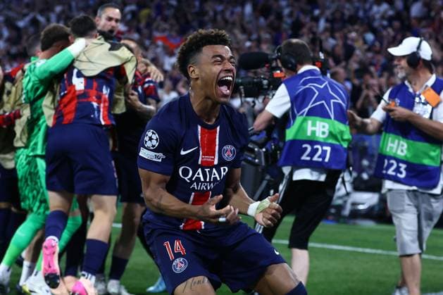 Dà sirà Douà of PSG celebrates the 4th goal Paris Saint-Germain v Inter Milan, UEFA Champions League Final, Football, Allianz Arena, Munich, Germany - 31 May 2025 EDITORIAL USE ONLY No use with unauthorised audio, video, data, fixture lists, club league logos or live services. Online in-match use limited to 120 images, no video emulation. No use in betting, games or single club league player publications. Copyright: xMichaelxZemanek Shutterstockx 15330931cz