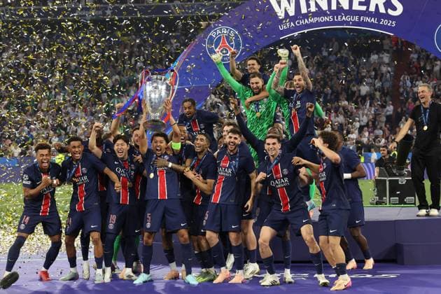 Marquinhos of PSG lift the Champions League trophy Paris Saint-Germain v Inter Milan, UEFA Champions League Final, Football, Allianz Arena, Munich, Germany - 31 May 2025 EDITORIAL USE ONLY No use with unauthorised audio, video, data, fixture lists, club league logos or live services. Online in-match use limited to 120 images, no video emulation. No use in betting, games or single club league player publications. Copyright: xAhmadxMora Shutterstockx 15330932ax
