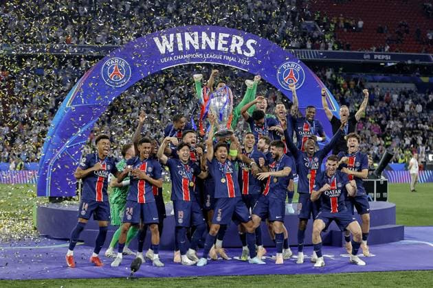 MUNCHEN, 31-05-2025, Allianz Arena, UEFA Champions League season 2024 2025, Match between Paris Saint Germain and Inter Milan 5-0 a score that has never been established in a CL-final so far. PSG win their first CL trophy with a.o. the starting eleven Gianluigi Donnarumma, Achraf Hakimi, Marquinhos, Willian Pacho Nuno Mendes, Joao Neves, Vitinha, Fabian Ruiz, Desire Doue, Ousmane Dembele, Khvicha Kvaratskhelia and coach Luis Enrique PSG - Inter Milan (CL Final) x29569364x Copyright: