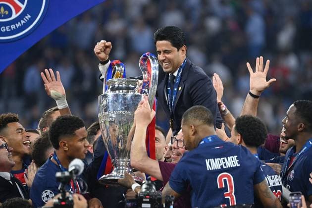 Nasser EL KHELAIFI President PSG , with cup,cup,trophy, team photo,team,team,team photo, award ceremony, Football UEFA Champions League Final Paris Saint Germain PSG Inter Milan 5 0, on 31 05 2025 Munich Football Arena,