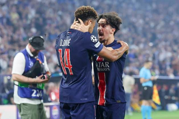 Desire Doue Paris Saint Germain celebrates after scoring his teams second goal with Vitinha Paris Saint Germain , UEFA Champions League Final 2025, Paris Saint Germain and FC Internazionale Milano, Allianz Arena on 31 May 2025 in Munich, Germany Photo by Marco Steinbrenner DeFodi Images Desire Doue Paris Saint Germain celebrates after scoring his teams second goal with Vitinha Paris Saint Germain , UEFA Champions League Final 2025, Paris Saint Germain and FC Internazionale Milano, Munich Football Arena, May 31, 2025 in Munich, Germany Photo by Marco Steinbrenner DeFodi Images