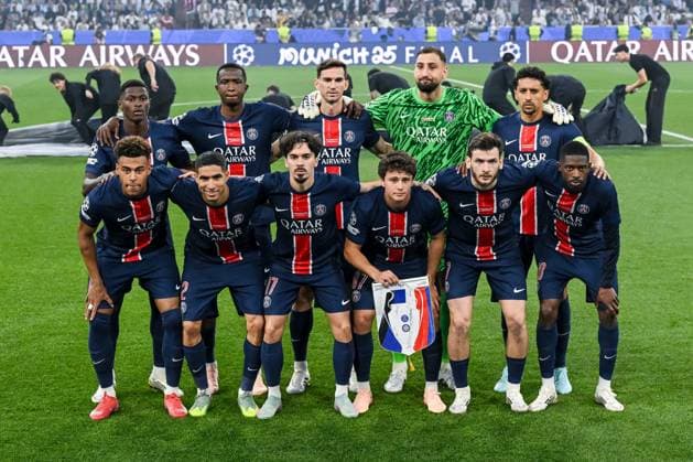 Back Nuno Mendes Paris Saint Germain , h52 , Fabian Ruiz Paris Saint Germain , Goalkeeper Gianluigi Donnarumma Paris Saint Germain and Goalkeeper Gianluigi Donnarumma Paris Saint Germain , Front Desire Doue Paris Saint Germain , Achraf Hakimi Paris Saint Germain , Vitinha Paris Saint Germain , Joao Neves Paris Saint Germain , Khvicha Kvaratskhelia Paris Saint Germain and Ousmane Dembele Paris Saint Germain Players are seen during the UEFA Champions League Final 2025 between Paris Saint Germain and FC Internazionale Milano at Munich Football Arena on May 31, 2025 in Munich, Germany Photo by Harry Langer DeFodi Images