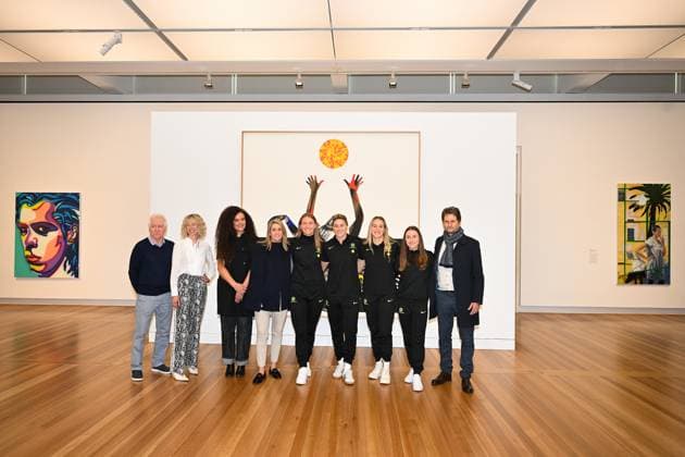 MATILDAS NATIONAL PORTRAIT GALLERY ANNOUNCEMENT, National Portrait Gallery Director Bree Pickering, Matildas players Clare Hunt, Clare Wheeler, Courtney Nevin and Teagan Micah, Football Australia interim CEO Heather Garriock, artist Angela Tiatia, outgoing Matildas head coach Tom Sermanni and newly appointed Matildas coach Joe Montemurro pose for photographs during an announcement at the National Portrait Gallery Of Australia in Canberra, Tuesday, June 3, 2025. The National Portrait Gallery today announced a major new video portrait of all 23 players from the FIFA Women™s World Cup 2023 Final Squad to be finished by the end of the year. ( NO ARCHIVING Canberra Australian Capital Territory Australia Copyright: xLukasxCochx 20250603112153662945