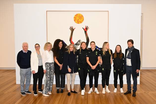 MATILDAS NATIONAL PORTRAIT GALLERY ANNOUNCEMENT, National Portrait Gallery Director Bree Pickering, Matildas players Clare Hunt, Clare Wheeler, Courtney Nevin and Teagan Micah, Football Australia interim CEO Heather Garriock, artist Angela Tiatia, outgoing Matildas head coach Tom Sermanni and newly appointed Matildas coach Joe Montemurro pose for photographs during an announcement at the National Portrait Gallery Of Australia in Canberra, Tuesday, June 3, 2025. The National Portrait Gallery today announced a major new video portrait of all 23 players from the FIFA Women™s World Cup 2023 Final Squad to be finished by the end of the year. ( NO ARCHIVING Canberra Australian Capital Territory Australia Copyright: xLukasxCochx 20250603150683284228