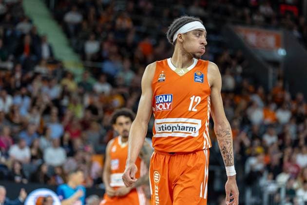 Portrait Noa Essengue Ratiopharm Ulm 12 Freisteller looks to the side with mouthguard, Ratiopharm Ulm vs Wuerzburg Baskets, Basketball, Basketball Bundesliga, Playoffs, Semifinals, Season 2024 2025, 07 06 2025, Ratiopharm Ulm vs Wuerzburg Baskets, Basketball, Basketball Bundesliga, Playoffs, Semifinals, Season 2024 2025, 07 06 2025 New Ulm Copyright: xEibner-Pressefoto JanixPlessx EP_JPL