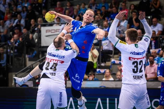 Lenny Rubin TVB Stuttgart, 44 vs Moritz Preuss SC DHfK Leipzig, 24 and Franz Semper SC DHfK Leipzig, 32 GER, TVB Stuttgart SC DHfK Leipzig, DAIKIN HBL, Handball, Bundesliga, 34 Matchday, Season 2024 2025, 08 06 2025 GER, TVB Stuttgart SC DHfK Leipzig, DAIKIN HBL, Handball, Bundesliga, 34 Matchday, Season 2024 2025, 08 06 2025 Stuttgart Copyright: xSandyxDinkelackerx EP_SDR