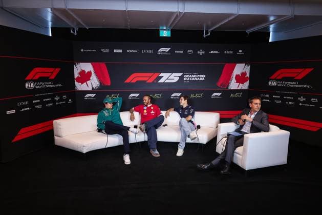 F1 - CANADIAN GRAND PRIX 2025 STROLL Lance (can), Aston Martin F1 Team AMR25, portrait, HAMILTON Lewis (gbr), Scuderia Ferrari SF-25, portrait and COLAPINTO Franco (arg), Alpine F1 Team A525, portrait press conference, PK, Pressekonferenz during the Formula 1 Pirelli Grand Prix du Canada 2025, 10th round of the 2025 FIA Formula One World Championship, WM, Weltmeisterschaft from June 14 to 16, 2025 on the Circuit Gilles Villeneuve, in Montrà al, Canada - Montrà alCanada Copyright: xEricxAlonsox
