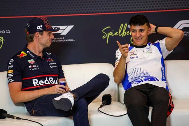 F1 - AUSTRIAN GRAND PRIX 2025 VERSTAPPEN Max (ned), Red Bull Racing RB21, portrait HADJAR Isack (fra), Visa Cash App RB F1 Team VCARB02, portrait during the press conference, PK, Pressekonferenz of Formula 1 MSC Cruises Austrian Grand Prix 2025, 11th round of the 2025 FIA Formula One World Championship, WM, Weltmeisterschaft from June 27 to 29, 2025 on the Red Bull Ring, in Spielberg, Austria - SpielbergAustria Copyright: xXavixBonillax