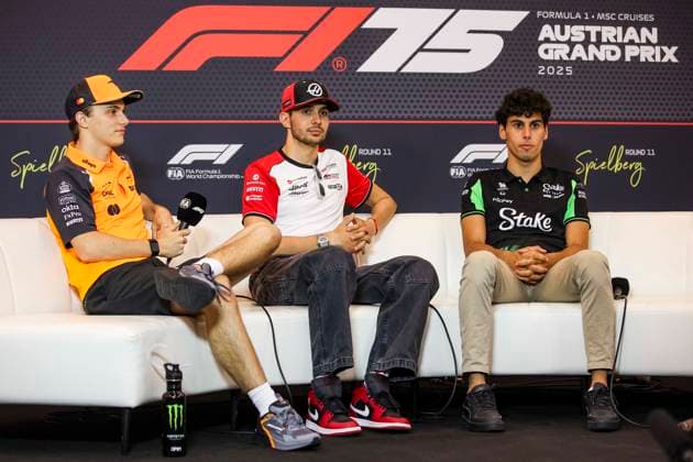 F1 - AUSTRIAN GRAND PRIX 2025 BORTOLETO Gabriel (bra), Stake F1 Team Kick C45, portrait PIASTRI Oscar (aus), McLaren F1 Team MCL39, portrait OCON Esteban (fra), Haas F1 Team VF-25, portrait during the press conference, PK, Pressekonferenz of Formula 1 MSC Cruises Austrian Grand Prix 2025, 11th round of the 2025 FIA Formula One World Championship, WM, Weltmeisterschaft from June 27 to 29, 2025 on the Red Bull Ring, in Spielberg, Austria - SpielbergAustria Copyright: xXavixBonillax