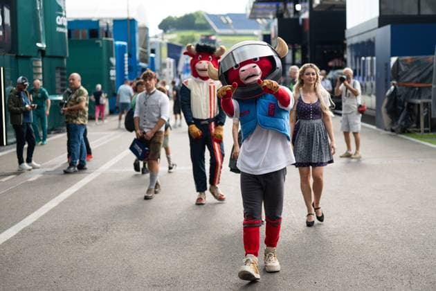 Mascot Bulli, behind him Ringo Junior and Formula Una hostess, AUT, Formula 1 World Championship, MSC Cruises Grand Prix of Austria, Red Bull Ring Spielberg, Media Day, 2025 season, 26 06 2025 AUT, Formula 1 World Championship, MSC Cruises Grand Prix of Austria, Red Bull Ring Spielberg, Media Day, 2025 season, 26 06 2025 Spielberg Copyright: xEibner-Pressefoto Memmlerx EP_MMR