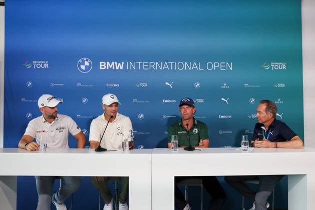 Press conference, l r Nicolai von Dellingshausen GER , Martin Kaymer GER , Marcel Siem GER , Moderator Ralf Exel, 36 BMW International Open 2025, Golf, DP World Tour, Men, Round 2, 04 07 2025 Eichenried Bayern Germany Copyright: xkolbert-press ChristianxKolbertx