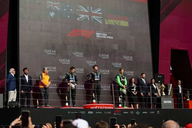 F1 - BRITISH GRAND PRIX 2025 NORRIS Lando (gbr), McLaren F1 Team MCL39, portrait PIASTRI Oscar (aus), McLaren F1 Team MCL39, portrait HULKENBERG Nico (ger), Stake F1 Team Kick C45, portrait BEN SULAYEM Mohammed (uae), President of the FIA, portrait during the Formula 1 Qatar Airways British Grand Prix 2025, 12th round of the 2025 FIA Formula One World Championship, WM, Weltmeisterschaft from July 4 to 6, 2025 on the Silverstone Circuit, in Silverstone, United Kingdom - SilverstoneUnited Kingdom Copyright: xEricxAlonsox