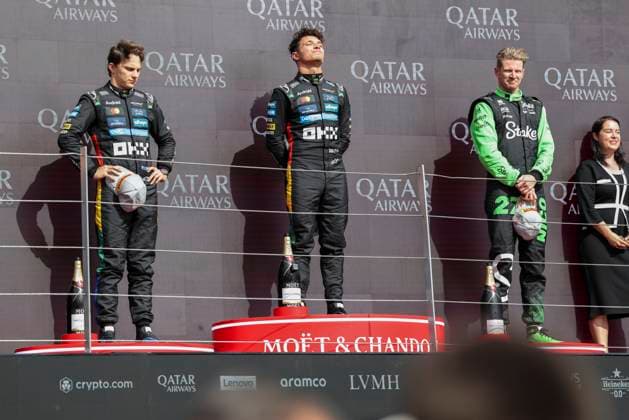 FORMULA 1 BRITISH GRAND PRIX 2025 Oscar Piastri 81 (Aus), McLaren MCL39, P2, dejected, Lando Norris 4 (GBR), McLaren MCL39, winner. Nico Hulkenberg (27), Stake F1 Team Kick Sauber C45, P3, on the podium during the FORMULA 1 QATAR AIRWAYS BRITISH GRAND PRIX 2025 at the Silverstone Circuit, Silverstone, England, United Kingdom on 6 July 2025 Credit: Eleanor Hoad Every Second Media Editorial use only. All images are copyright Every Second Media Limited. No images may be reproduced without prior permission. Copyright: xIMAGO EveryxSecondxMediax ESM-1521-0010 EleanorxHoadx xEveryxSecondxMediax