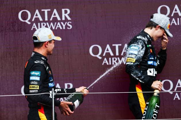F1 - BRITISH GRAND PRIX 2025 NORRIS Lando (gbr), McLaren F1 Team MCL39, portrait and PIASTRI Oscar (aus), McLaren F1 Team MCL39, portrait podium during the Formula 1 Qatar Airways British Grand Prix 2025, 12th round of the 2025 FIA Formula One World Championship, WM, Weltmeisterschaft from July 4 to 6, 2025 on the Silverstone Circuit, in Silverstone, United Kingdom - SilverstoneUnited Kingdom Copyright: xEricxAlonsox