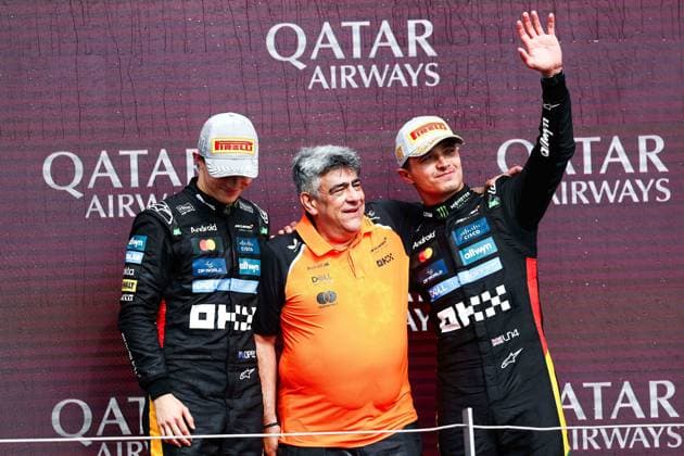 F1 - BRITISH GRAND PRIX 2025 PIASTRI Oscar (aus), McLaren F1 Team MCL39, portrait and NORRIS Lando (gbr), McLaren F1 Team MCL39, portrait podium during the Formula 1 Qatar Airways British Grand Prix 2025, 12th round of the 2025 FIA Formula One World Championship, WM, Weltmeisterschaft from July 4 to 6, 2025 on the Silverstone Circuit, in Silverstone, United Kingdom - SilverstoneUnited Kingdom Copyright: xEricxAlonsox