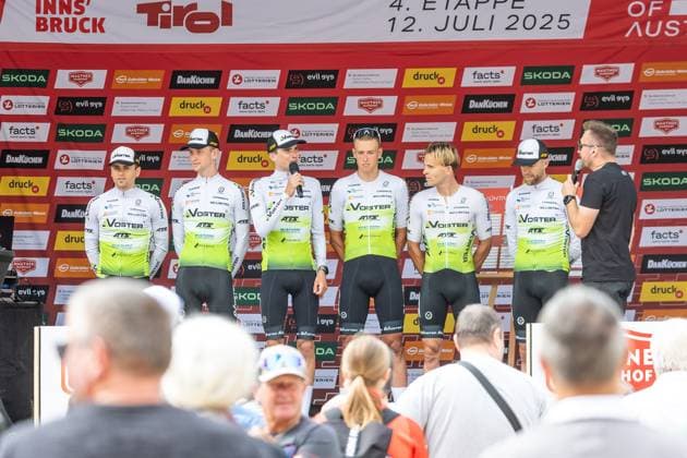 12 07 2025, Kühtai, AUT, Tour of Austria 2025, Stage 4 from Innsbruck to Kühtai 117,1 km , in the picture VOSTER ATS TEAM with Maciej Banaszak POL , Tomasz Budzinski POL , Zak Coleman GBR , Mateusz Kostanski POL , Patryk Stosz POL , Konrad Waliniak POL , Michal Zelazowski POL VOSTER ATS TEAM with Maciej Banaszak POL , Tomasz Budzinski POL , Zak Coleman GBR , Mateusz Kostanski POL , Patryk Stosz POL , Konrad Waliniak POL , Michal Zelazowski POL before the start of the stage 4 from Innsbruck to Kühtai 117,1 km of the Tour of Austria Kühtai, Austria on 2025 07 12 Expa Kühtai EP_gro