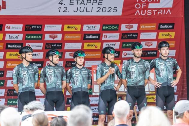 12 07 2025, Kühtai, AUT, Tour of Austria 2025, Stage 4 from Innsbruck to Kühtai 117,1 km , in the picture TEAM UNITED SHIPPING with Mate Endredi HUN , Balint Feldhoffer HUN , Zsombor Palumby HUN , Michal Schuran CZE , Erik Fetter HUN , Szabolcs Csaki HUN TEAM UNITED SHIPPING with Mate Endredi HUN , Balint Feldhoffer HUN , Zsombor Palumby HUN , Michal Schuran CZE , Erik Fetter HUN , Szabolcs Csaki HUN before the start of the stage 4 from Innsbruck to Kühtai 117,1 km of the Tour of Austria Kühtai, Austria on 2025 07 12 Expa Kühtai EP_gro