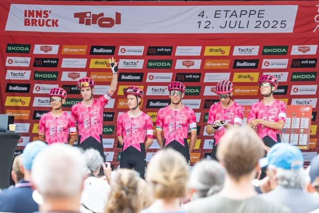 12 07 2025, Kühtai, AUT, Tour of Austria 2025, Stage 4 from Innsbruck to Kühtai 117.1 km , pictured TEAM EF EDUCATION EASYPOST with Markel Beloki Fernandez ESP , Rui Costa POR , Jhoan Esteban Chaves Rubio COL , Sean Quinn USA , Darren Rafferty IRL , Archie Ryan IRL , Georg Steinhauser GER TEAM EF EDUCATION EASYPOST with Markel Beloki Fernandez ESP , Rui Costa POR , Jhoan Esteban Chaves Rubio COL , Sean Quinn USA , Darren Rafferty IRL , Archie Ryan IRL , Georg Steinhauser GER before the start of the stage 4 from Innsbruck to Kühtai 117,1 km of the Tour of Austria Kühtai, Austria on 2025 07 12 Expa Kühtai EP_gro