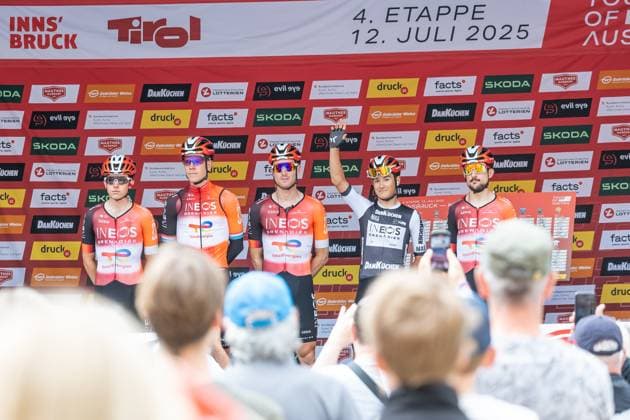 12 07 2025, Kühtai, AUT, Tour of Austria 2025, Stage 4 from Innsbruck to Kühtai 117,1 km , in the picture TEAM INEOS GRENADIERS with Andrew August USA , Victor Langellotti MON , Michael Shea Leonard CAN , Jonathan Castroviejo Nicolas ESP , Bob Jungels LUX , Salvatore Puccio ITA TEAM INEOS GRENADIERS with Andrew August USA , Victor Langellotti MON , Michael Shea Leonard CAN , Jonathan Castroviejo Nicolas ESP , Bob Jungels LUX , Salvatore Puccio ITA before the start of the stage 4 from Innsbruck to Kühtai 117,1 km of the Tour of Austria Kühtai, Austria on 2025 07 12 Expa Kühtai EP_gro