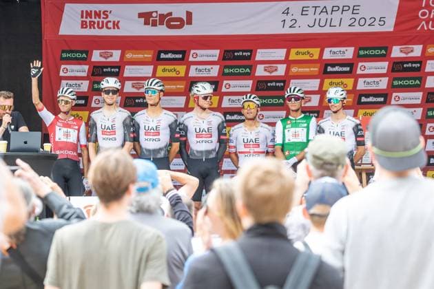 12 07 2025, Kühtai, AUT, Tour of Austria 2025, Stage 4 from Innsbruck to Kühtai 117.1 km , in the picture UAE TEAM EMIRATES XRG with Felix Grossschartner AUT , Filippo Baroncini ITA , Alessandro Covi ITA , Isaac Del Toro Romero MEX , Julius Johansen DEN , Rafal Majka POL , Florian Vermeersch BEL UAE TEAM EMIRATES XRG with Felix Grossschartner AUT , Filippo Baroncini ITA , Alessandro Covi ITA , Isaac Del Toro Romero MEX , Julius Johansen DEN , Rafal Majka POL , Florian Vermeersch BEL before the start of the stage 4 from Innsbruck to Kühtai 117,1 km of the Tour of Austria Kühtai, Austria on 2025 07 12 Expa Kühtai EP_gro