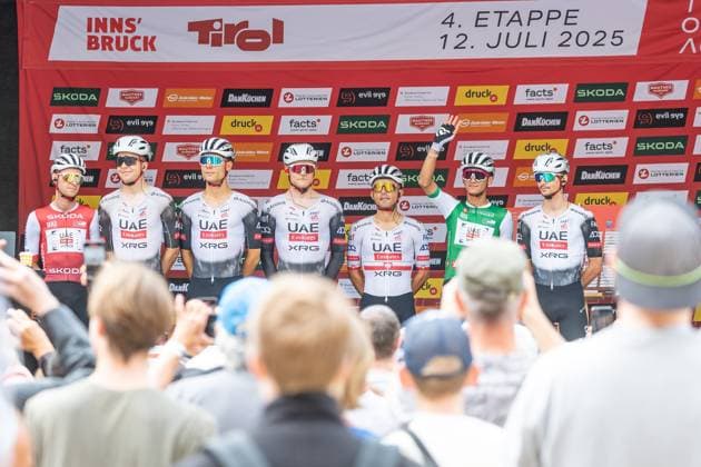 12 07 2025, Kühtai, AUT, Tour of Austria 2025, Stage 4 from Innsbruck to Kühtai 117.1 km , in the picture UAE TEAM EMIRATES XRG with Felix Grossschartner AUT , Filippo Baroncini ITA , Alessandro Covi ITA , Isaac Del Toro Romero MEX , Julius Johansen DEN , Rafal Majka POL , Florian Vermeersch BEL UAE TEAM EMIRATES XRG with Felix Grossschartner AUT , Filippo Baroncini ITA , Alessandro Covi ITA , Isaac Del Toro Romero MEX , Julius Johansen DEN , Rafal Majka POL , Florian Vermeersch BEL before the start of the stage 4 from Innsbruck to Kühtai 117,1 km of the Tour of Austria Kühtai, Austria on 2025 07 12 Expa Kühtai EP_gro