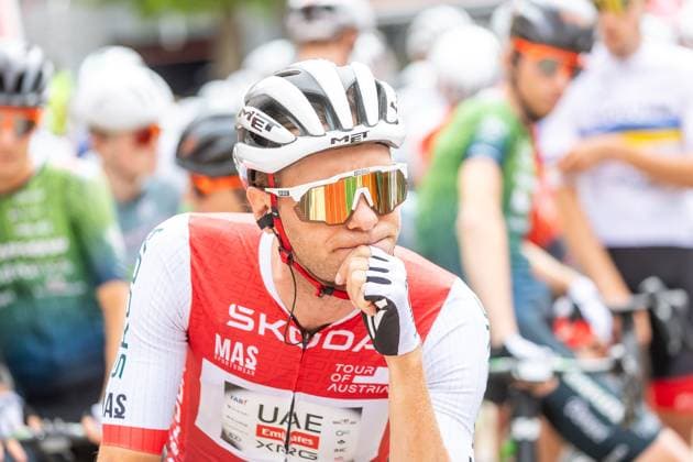 12 07 2025, Kühtai, AUT, Tour of Austria 2025, Stage 4 from Innsbruck to Kühtai 117,1 km , in the picture Felix Grossschartner AUT, UAE TEAM EMIRATES XRG Felix Grossschartner AUT, UAE TEAM EMIRATES XRG before the start of the stage 4 from Innsbruck to Kühtai 117,1 km of the Tour of Austria Kühtai, Austria on 2025 07 12 Expa Kühtai EP_gro