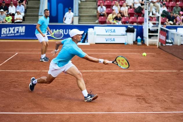 BASTAD, SWEDEN 20250720 Jan Zielinski, Poland, center, and Adam Pavlasek, Czech Republic, left, during Sundays mens doubles final against Guido Andreozzi, Argentina, and Sander Arends, Netherlands, at the Nordea Open tennis tournament in Bastad BASTAD SWEDEN x9200x Copyright: xBjörnxLarssonxRosvall TTx NORDEA OPEN 2025 FINAL DUBBEL