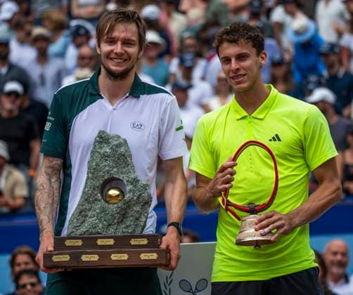July 20, 2025, Gstaad, Bern, Switzerland: Gstaad Switzerland, 07 20 2025: Tournament winner ALEXANDER BUBLIK (L) and runner-up JUAN MANUEL CERUNDOLO (R) with their trophy at the awards ceremony during final of EFG Swiss Open Gstaad ATP, Tennis Herren 250,Tennis Herren 250 and took place at Roy Emerson Arena in Gstaad, which is located in the famous ski resort of Gstaad and which is located in the Bernese Oberland. ALEXANDER BUBLIK won 6-4, 4-6, 6-3. Gstaad Switzerland - ZUMAd206 20250720_zip_d206_051 Copyright: xEricxDubostx