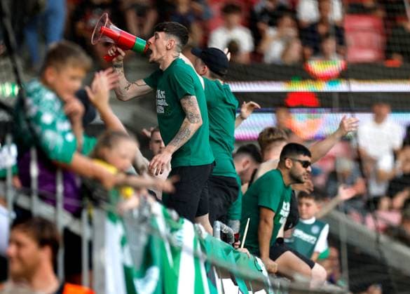 Hibernian fans in the stands Midtjylland v Hibernian, UEFA Europa League, 2nd Qualifying Round, First Leg, Football, MCH Arena, Herning, Denmark - 24 Jul 2025Herning MCH Arena Denmark EDITORIAL USE ONLY No use with unauthorised audio, video, data, fixture lists, club league logos or live services. Online in-match use limited to 120 images, no video emulation. No use in betting, games or single club league player publications. Copyright: xJohnnyxPedersen Shutterstockx 15410838ae