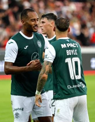 Jordan Obita and Martin Boyle of Hibernian at full time Midtjylland v Hibernian, UEFA Europa League, 2nd Qualifying Round, First Leg, Football, MCH Arena, Herning, Denmark - 24 Jul 2025Herning MCH Arena Denmark EDITORIAL USE ONLY No use with unauthorised audio, video, data, fixture lists, club league logos or live services. Online in-match use limited to 120 images, no video emulation. No use in betting, games or single club league player publications. Copyright: xJohnnyxPedersen Shutterstockx 15410838az