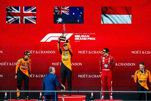 F1 - BELGIAN GRAND PRIX 2025 PIASTRI Oscar (aus), McLaren F1 Team MCL39, portrait NORRIS Lando (gbr), McLaren F1 Team MCL39, portrait LECLERC Charles (mco), Scuderia Ferrari SF-25, portrait during the 2025 Formula 1 Belgian Grand Prix, 13th round of the 2025 FIA Formula One World Championship, WM, Weltmeisterschaft from July 25 to 27, 2025 on the Circuit de Spa-Francorchamps, in Stavelot, Belgium - Copyright: xJavierxJimenezx