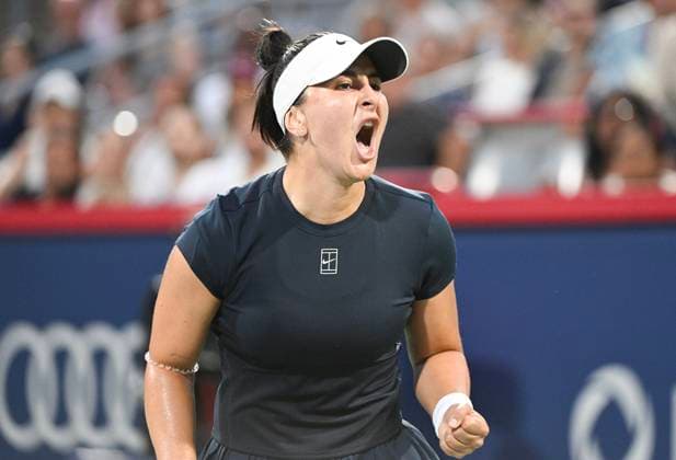 July 27, 2025, Montreal, Pq, Canada: Bianca Andreescu, of Canada, reacts during her first round match against Barbora Krejcikova, of the Czech Republic, at the National Bank Open tennis tournament in Montreal, Sunday, July 27, 2025. Barbora Krejcikova, Bianca Andreescu, - ZUMAc35_ 20250727_zaf_c35_059 Copyright: xGrahamxHughesx