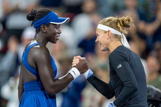July 31, 2025, Montreal, Pq, Canada: Victoria Mboko, left, of Canada is congratulated on her win by Marie Bouzkova of Czechia during third round tennis action at the National Bank Open in Montreal, Thursday, July 31, 2025. Canada News - July 31, 2025 - ZUMAc35_ 20250731_zaf_c35_164 Copyright: xChristinnexMuschix