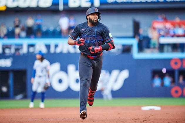 August 1, 2025, Toronto, On, Canada: Toronto Blue Jays first base Vladimir Guerrero Jr. (27) rounds the bases after hitting a home run against the Kansas City Royals during first inning MLB, Baseball Herren, USA baseball action in Toronto, Friday, Aug. 1, 2025. Canada News - August 1, 2025 - ZUMAc35_ 20250801_zaf_c35_139 Copyright: xSammyxKoganx
