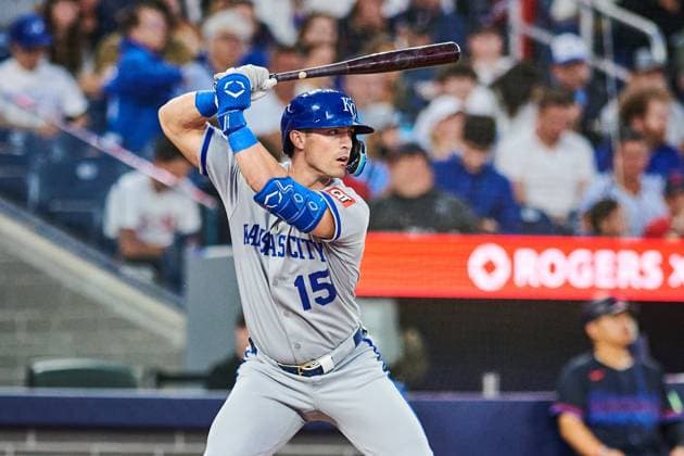 August 1, 2025, Toronto, On, Canada: Kansas City Royals outfielder Randal Grichuk (15) bats against the Toronto Blue Jays during seventh inning MLB, Baseball Herren, USA baseball action in Toronto, Friday, Aug. 1, 2025. Canada News - August 1, 2025 - ZUMAc35_ 20250801_zaf_c35_217 Copyright: xSammyxKoganx
