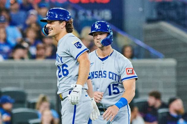 August 1, 2025, Toronto, On, Canada: Kansas City Royals outfielder Randal Grichuk (15) (right) celebrates with Kansas City Royals outfielder Adam Frazier (26) after Frazier hits a two run home run against the Toronto Blue Jays during ninth inning MLB, Baseball Herren, USA baseball action in Toronto, Friday, Aug. 1, 2025. Canada News - August 1, 2025 - ZUMAc35_ 20250801_zaf_c35_226 Copyright: xSammyxKoganx