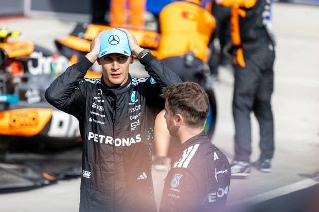 George Russell Mercedes AMG Petronas F1 Team, Great Britain, 63 , HUN, Formula 1 World Championship, Hungarian Grand Prix, Hungaroring, race day, race, podium, 2025 season, 03 08 2025 HUN, Formula 1 World Championship, Hungarian Grand Prix, Hungaroring, race, podium, 2025 season, 03 08 2025 Budapest Copyright: xEibner-Pressefoto MarcelxFischerx EP_MFI