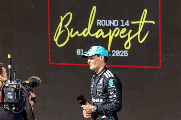 George Russell Mercedes AMG Petronas F1 Team, Great Britain, 63 , HUN, Formula 1 World Championship, Hungarian Grand Prix, Hungaroring, race day, race, podium, 2025 season, 03 08 2025 HUN, Formula 1 World Championship, Hungarian Grand Prix, Hungaroring, race, podium, 2025 season, 03 08 2025 Budapest Copyright: xEibner-Pressefoto MarcelxFischerx EP_MFI