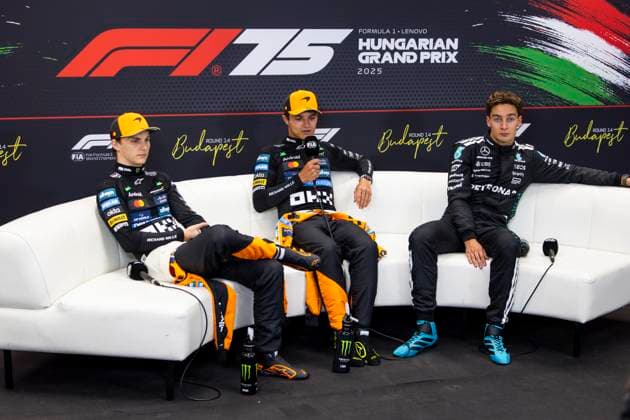 F1 - HUNGARIAN GRAND PRIX 2025 Post-race press conference, PK, Pressekonferenz PIASTRI Oscar (aus), McLaren F1 Team MCL39, NORRIS Lando (gbr), McLaren F1 Team MCL39, RUSSELL George (gbr), Mercedes AMG F1 Team W16, portrait during the 2025 Formula 1 Lenovo Hungarian Grand Prix, 14th round of the 2025 FIA Formula One World Championship, WM, Weltmeisterschaft from August 1 to 3, 2025 on the Hungaroring, in Mogyorod, Hungary - MogyorodHungary Copyright: xJulienxDelfossex