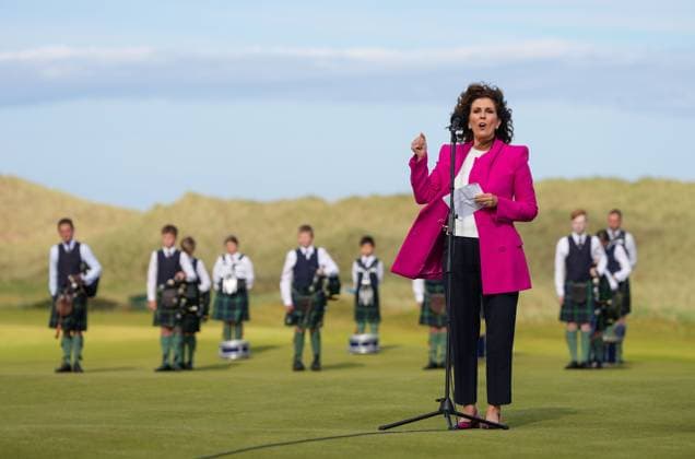Sarah Malone, Executive Vice-Pesident of Trump International makes a speech after Grant Forrest won the NEXO Championship at Trump International Golf Links Scotland. Nexo Championship, Day Four, Golf, Trump International Golf Links, Aberdeenshire, Scotland, UK - 10 Aug 2025Aberdeenshire Trump International Golf Links Scotland United Kingdom EDITORIAL USE ONLY No use with unauthorised audio, video, data, fixture lists, club league logos or live services. Online in-match use limited to 120 images, no video emulation. No use in betting, games or single club league player publications. Copyright: xStuartxWallace Shutterstockx 15429702bf