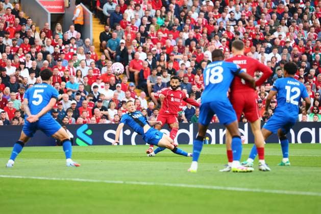 Mohamed Salah of Liverpool has his shot saved Liverpool v AFC Bournemouth, Premier League, Football, Anfield, Liverpool, UK - 15 Aug 2025Liverpool Anfield United Kingdom EDITORIAL USE ONLY No use with unauthorised audio, video, data, fixture lists, club league logos or live services. Online in-match use limited to 120 images, no video emulation. No use in betting, games or single club league player publications. Copyright: xPaulxCurrie Shutterstockx 15438038co