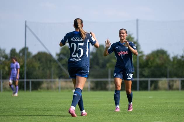 Melissa Koessler TSG Hoffenheim, 25 , Selina Cerci TSG Hoffenheim, 29 celebrating the goal for 2 0, GER, TSG 1899 Hoffenheim vs FC Basel, Soccer Womens Bundesliga Test Match, Season 2025 2026, 16 08 2025 GER, TSG 1899 Hoffenheim vs FC Basel, Soccer Womens Bundesliga Test Match, Season 2025 2026, 16 08 2025 St Leon Copyright: xEibner-Pressefoto Memmlerx EP_MMR