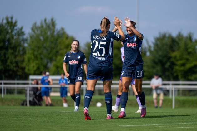 Selina Cerci TSG Hoffenheim, 29 , Melissa Koessler TSG Hoffenheim, 25 celebrating the goal for 4 0, GER, TSG 1899 Hoffenheim vs FC Basel, Soccer Womens Bundesliga Test Match, Season 2025 2026, 16 08 2025 GER, TSG 1899 Hoffenheim vs FC Basel, Soccer Womens Bundesliga Test Match, Season 2025 2026, 16 08 2025 St Leon Copyright: xEibner-Pressefoto Memmlerx EP_MMR